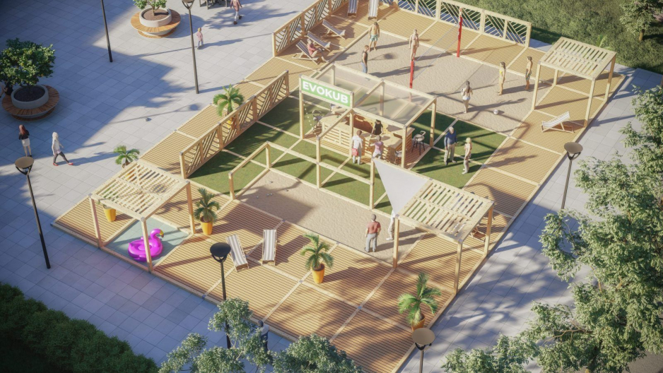EvoKub - création plage urbaine ephemere - évènementiel écoresponsable - Caen, Rouen, Le Havre, Le Mans